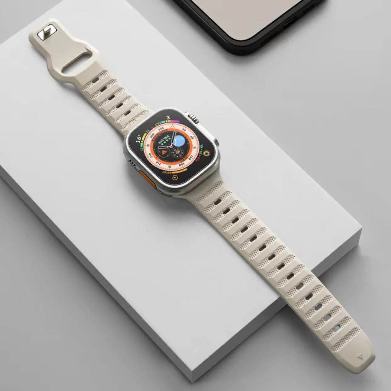 Fluoro rubber watch strap with T-buckle for Apple Watch Ultra and Series 1-8 models in multiple colours.