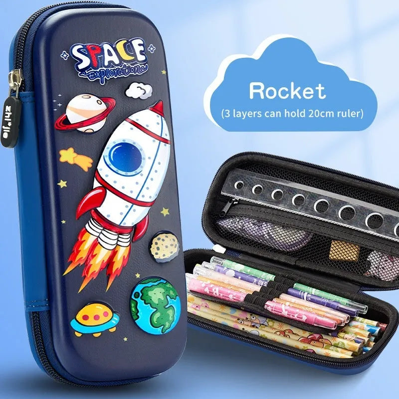 3D leather pencil case in a box shape showing one of the available design options such as a spaceship or unicorn