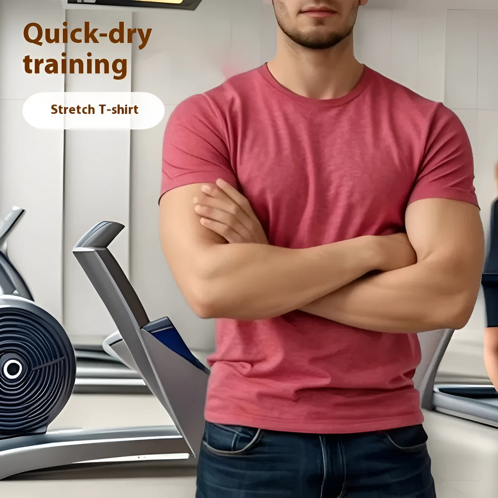 Men's tight stretch quick-drying round neck short sleeve t-shirt in chemical fibre polyester blend
