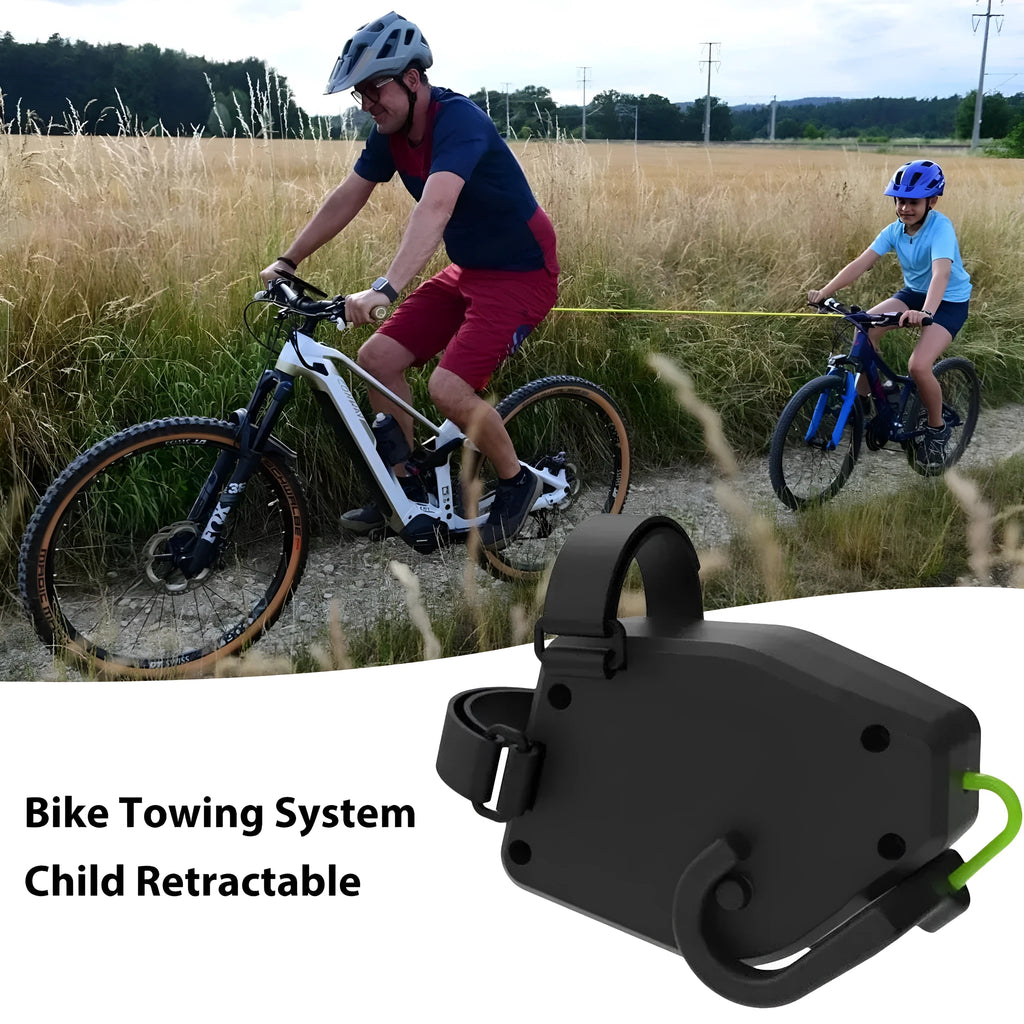 Black plastic bicycle trailer rope with universal hook connectors for towing child trailers