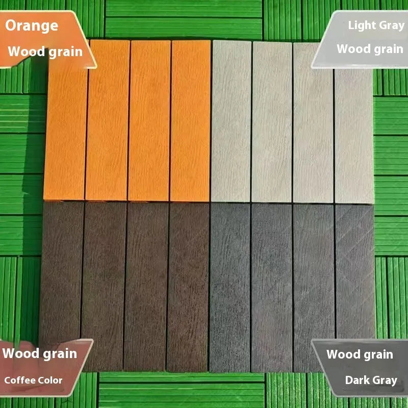 Ten square plastic floor tiles with a wood grain pattern, showing a non-slip surface.