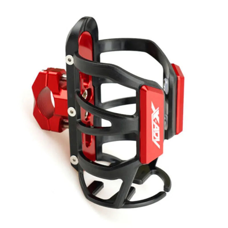 Modified water bottle cage mounted on Honda X-ADV scooter bumper in multiple colour options