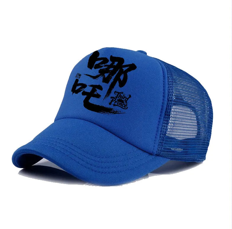 Men's polyester baseball cap showing colour options: black, blue, green, grey, pink, white.
