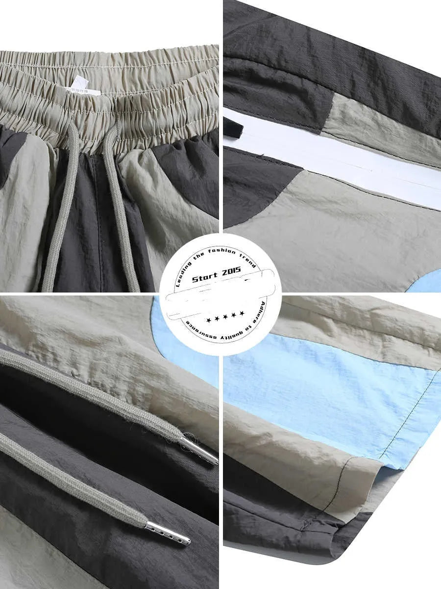 Blue patchwork outdoor sports shorts with loose straight-leg design and quick-drying fabric