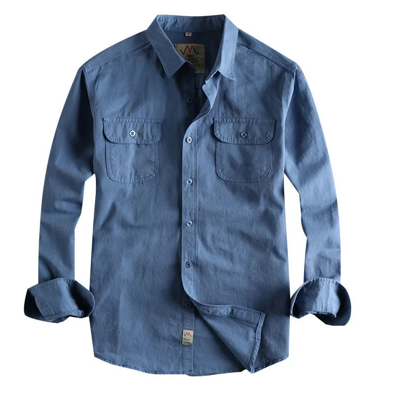 Men's solid colour cotton long sleeve shirt in a cardigan style on a hanger.