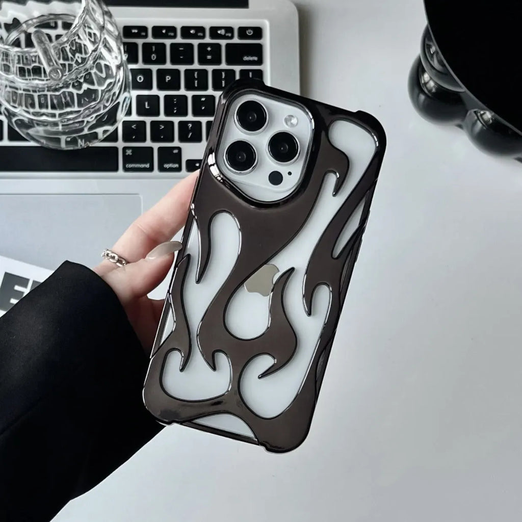 Electroplating hollow flame pattern iPhone case in silver finish on TPU soft shell