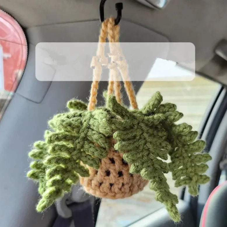 Green and white crochet car plant ornament with 25cm white hanging rope on 8cm basin base