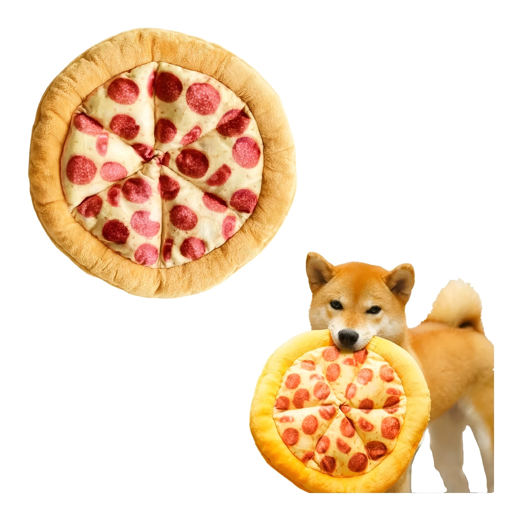 Yellow pizza slice shaped rubber dog chew toy with textured ridges and a squeaker.