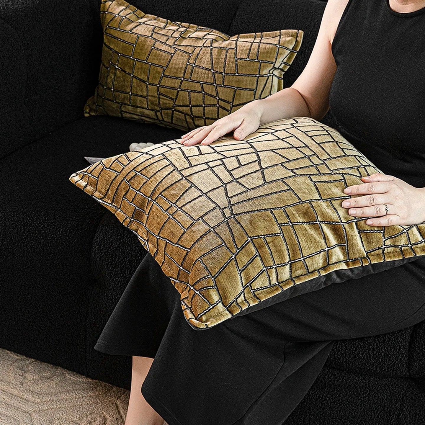 Geometric abstract pattern cushion cover in gold colour on polyester feather velvet fabric