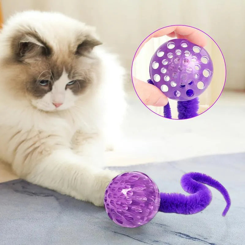 Interactive cat ball toy with worm-like plush tail in green, pink or purple colours