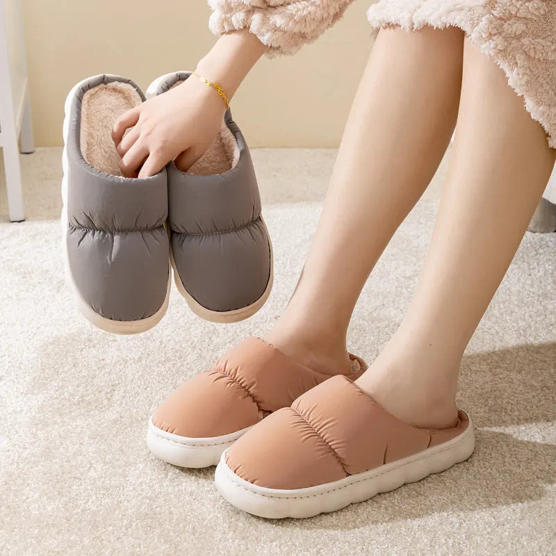 Blue plush indoor slippers with thick rubber sole and artificial fur lining