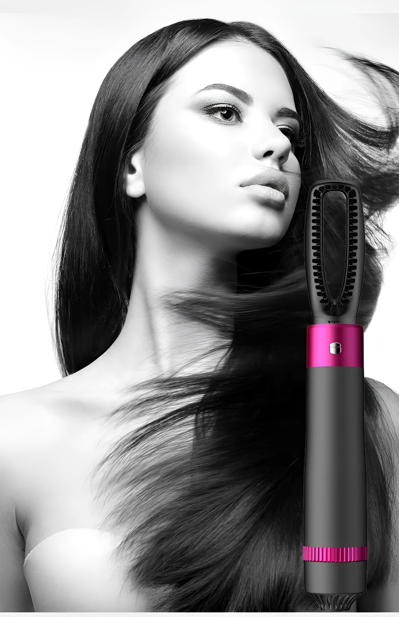 Dyson grey 5-in-1 hair dryer brush kit with five interchangeable styling heads on a white background.