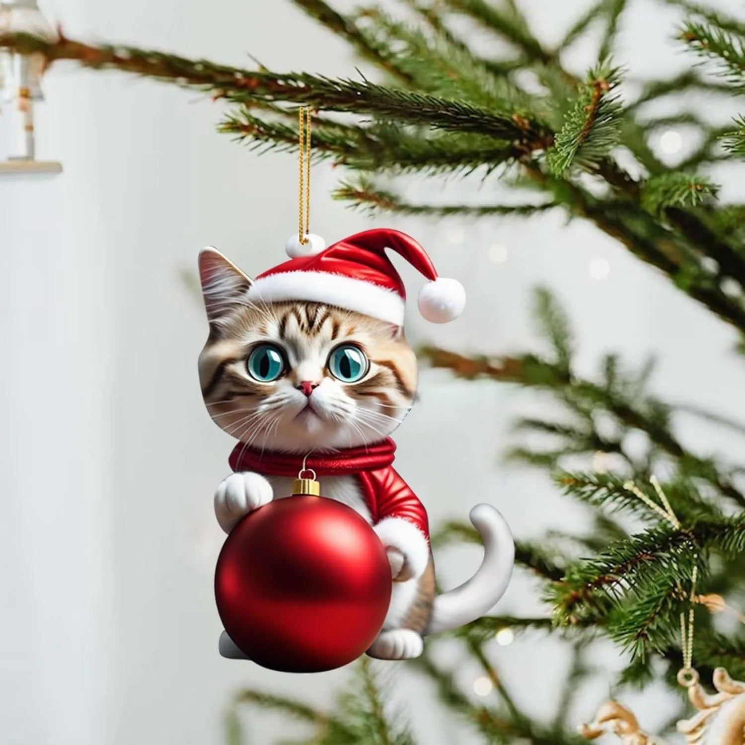 Christmas-themed cartoon cat car hanging ornament made of clear acrylic, shown in one of ten colour variants.