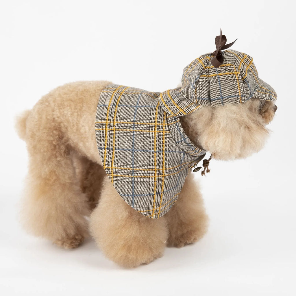Camel coloured cotton pet cloak with adjustable hat shown in cloak style for dog wear