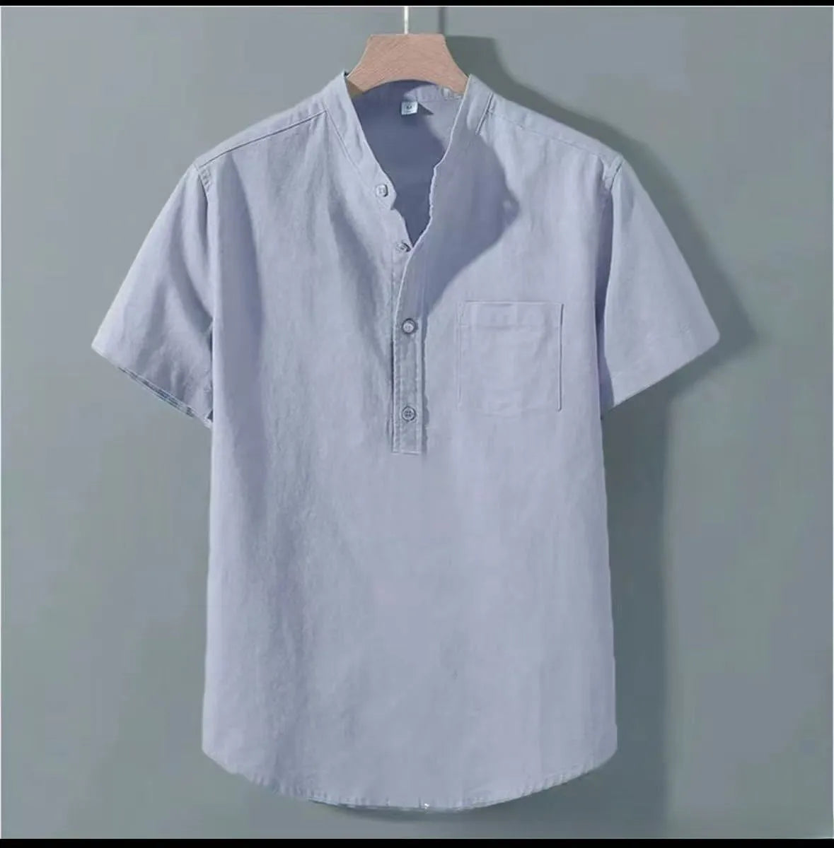 Men's casual linen shirt with stand collar and short sleeves in slub cotton fabric, loose fit