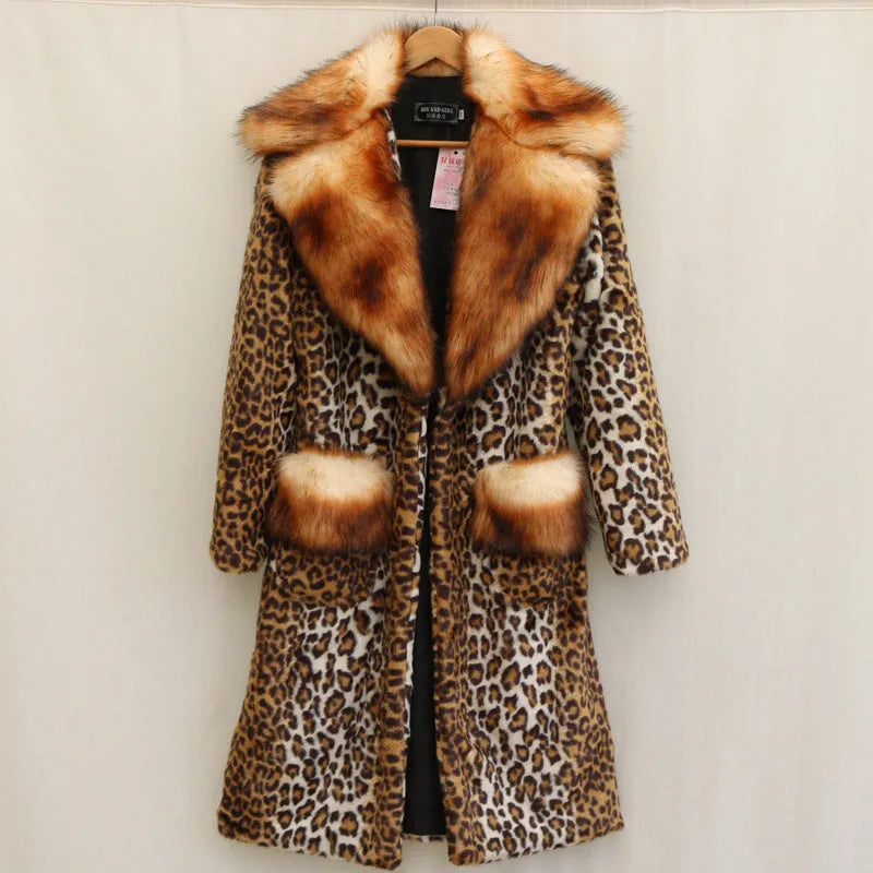 Women's long leopard print artificial fur jacket on a hanger