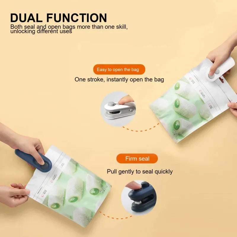 Blue and white handheld USB rechargeable food sealer with magnetic back and cutter blade.