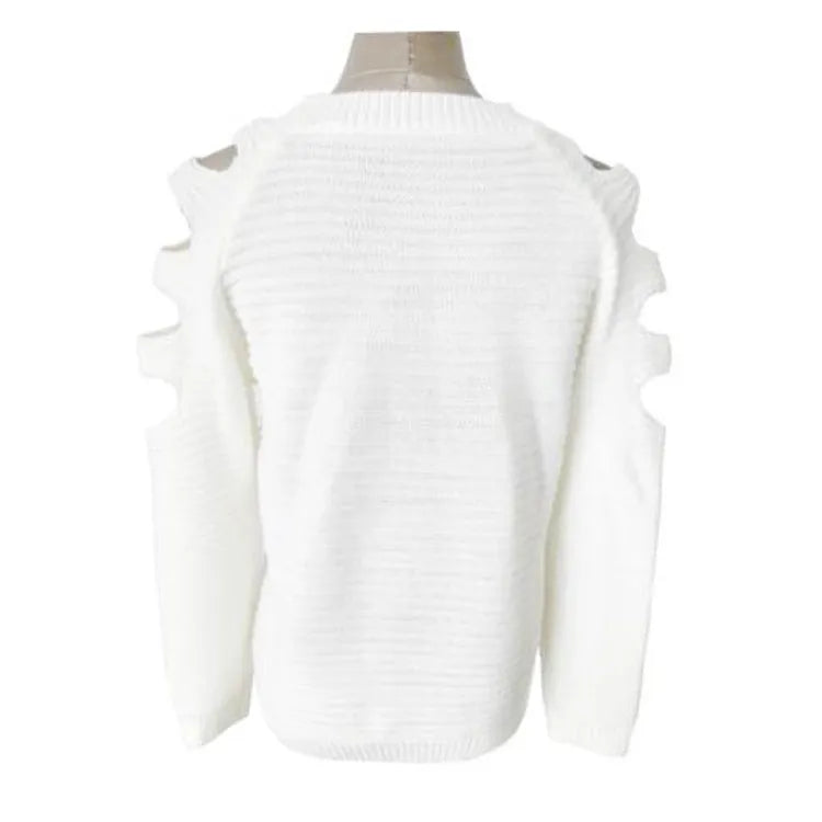 Women's white knitted shirt with crocheted hollow-out pattern and round neck
