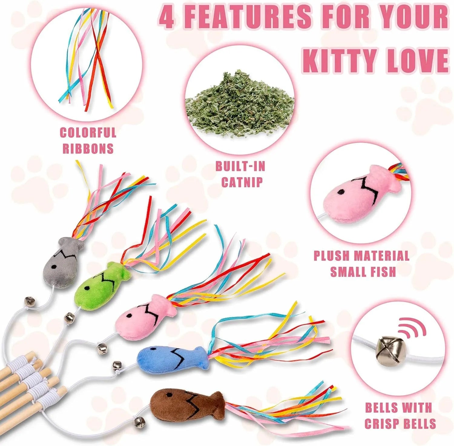 Cat wand toy with colourful ribbons, catnip fish and bell on wooden handle