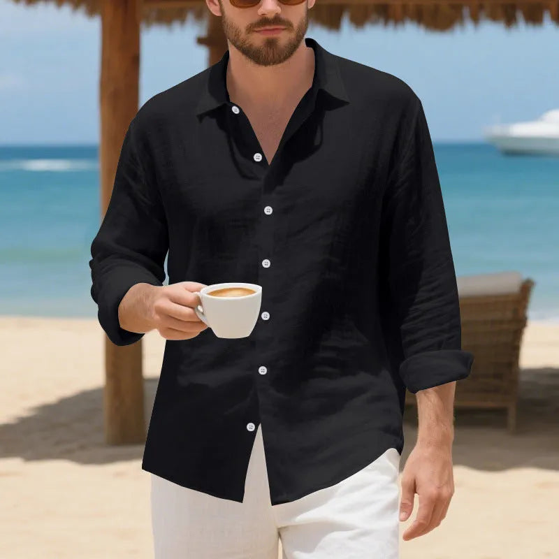 Men's linen Hawaiian casual shirt in loose American style fit with non-ironing processing
