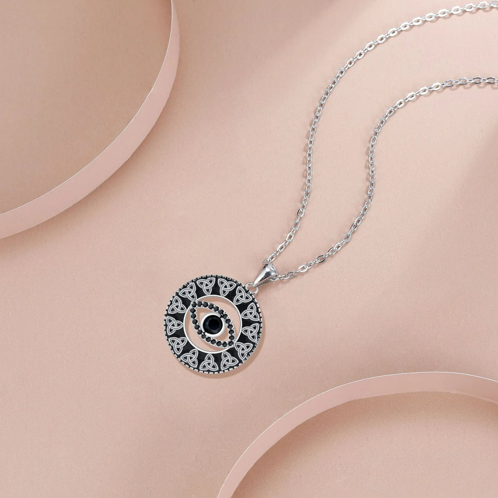 Devil's Eye necklace for women with copper pendant and cross chain in electroplated silver-tone finish
