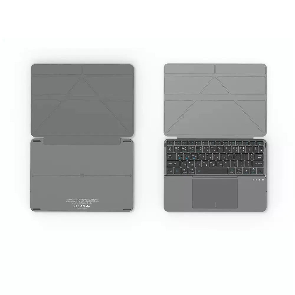 Grey Bluetooth folding keyboard for mobile phones and tablets in folded position
