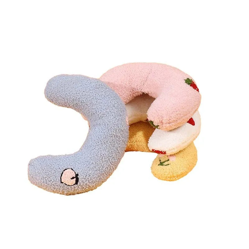 Half moon U-shaped cloth pillow for dogs and cats in blue, pink, white, or yellow