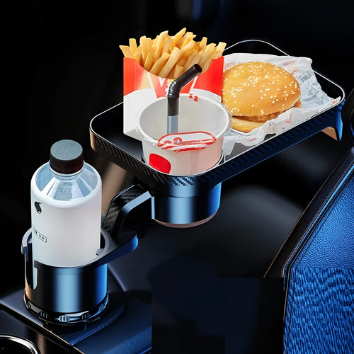Black 360-degree rotating car cup holder dinner tray in vehicle console