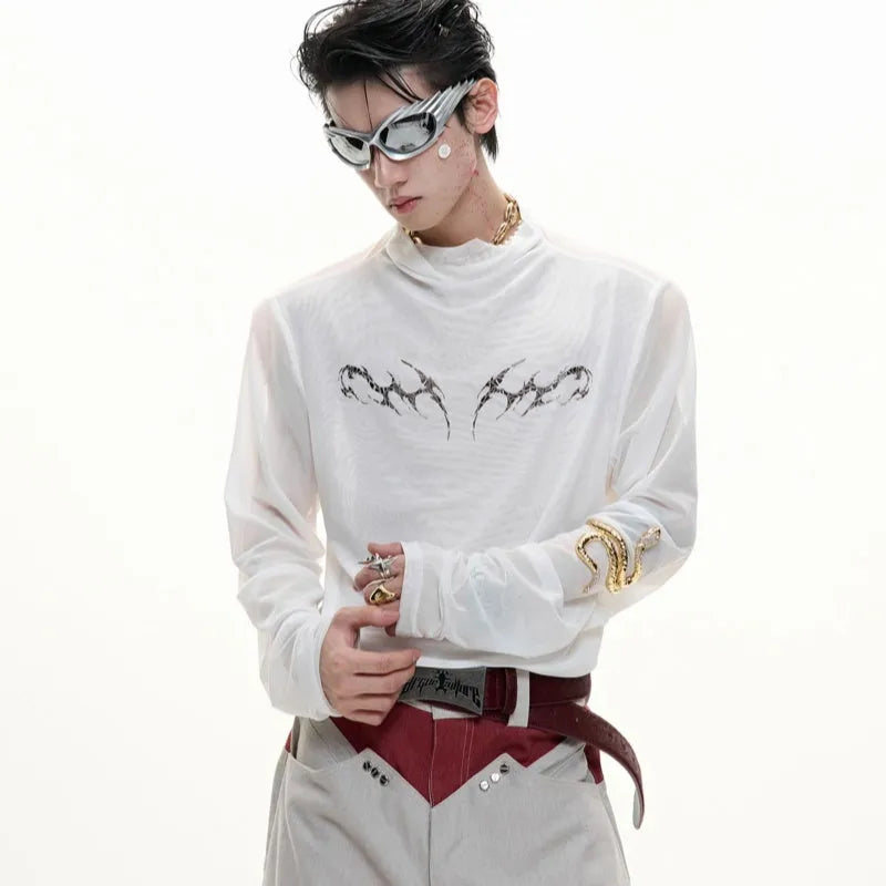 Black niche mesh ice-feeling slim bottoming long sleeve shirt on a mannequin, showing the trendy fit.