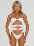 Women's navy blue hollow-out one-piece swimsuit on a mannequin