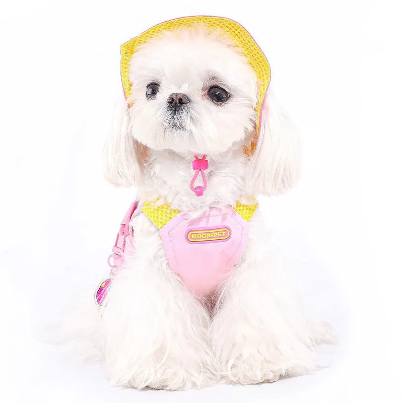 Pink polyester pet vest for small dog breeds on mannequin showing adjustable chest closure