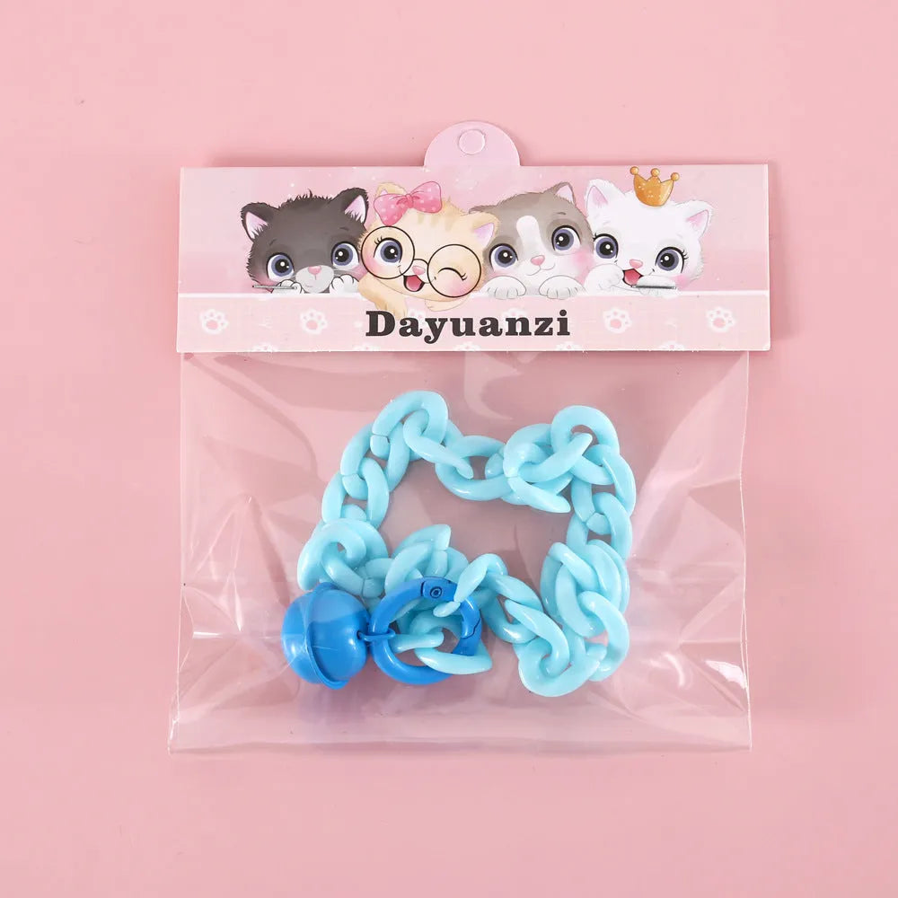 Macaron candy coloured plastic pet collar for cats, dogs, and rabbits in chain blue, pink, and mixed colours on a white background.