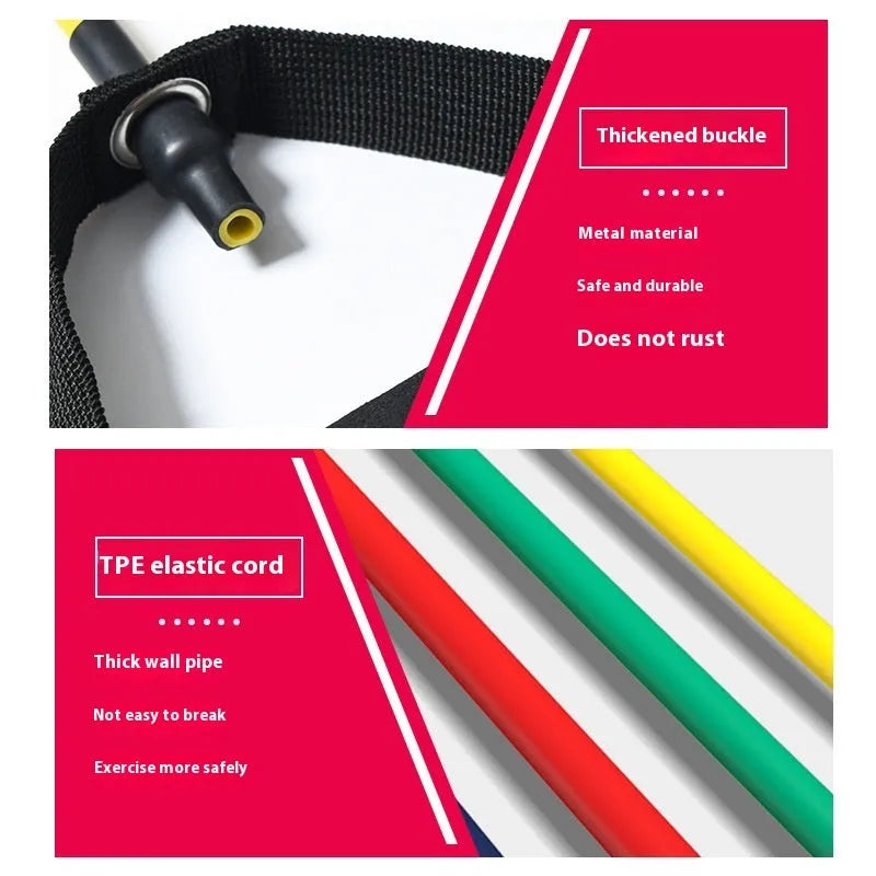 Colour-coded adjustable chest expander with TPE tension rope in yellow, green, red, blue, and black resistance levels