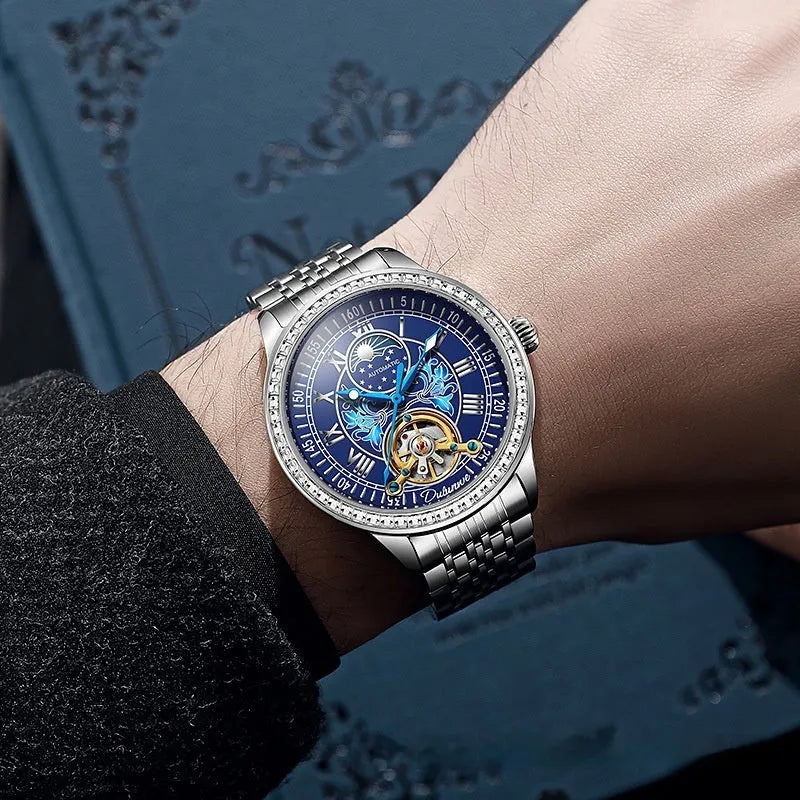 Men's mechanical watch with transparent case back showing movement and stainless steel strap