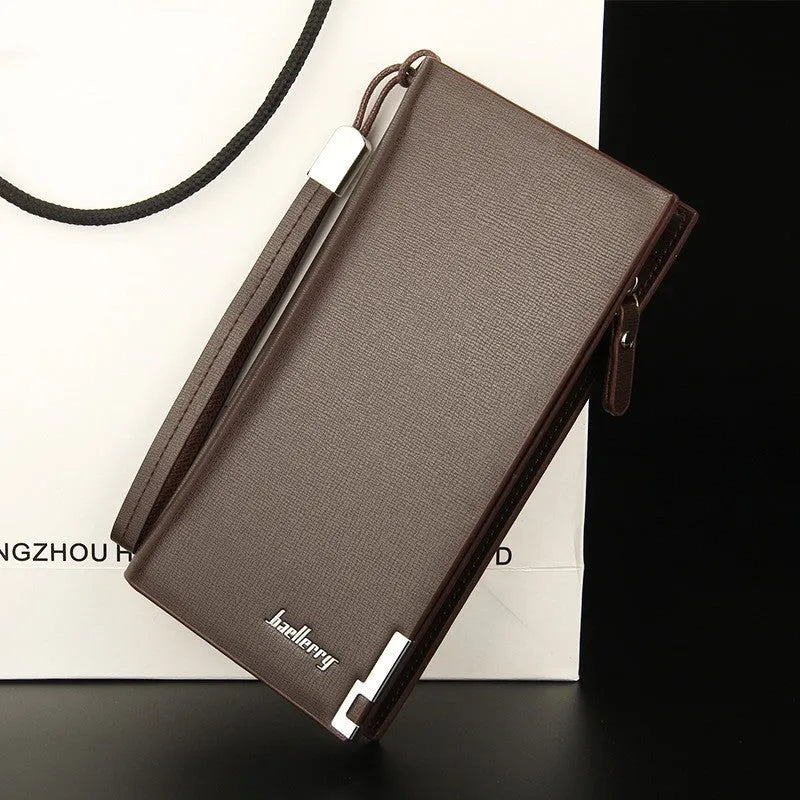 Men's long black PU leather zipper wallet showing card slots and closed zipper.