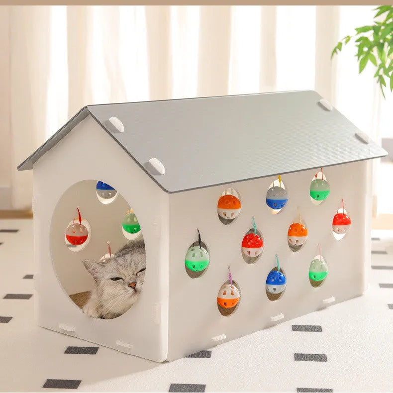 Integrated cat scratch board and nest toy with tunnel and bell ball for house cats