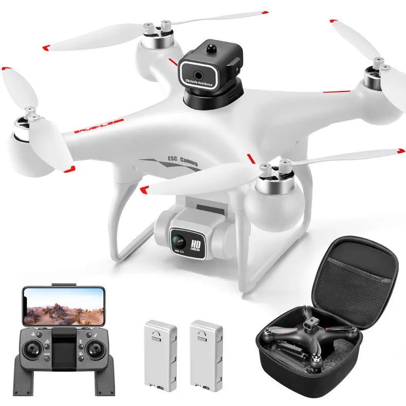 Black HD brushless quadcopter drone with four obstacle avoidance sensors and camera