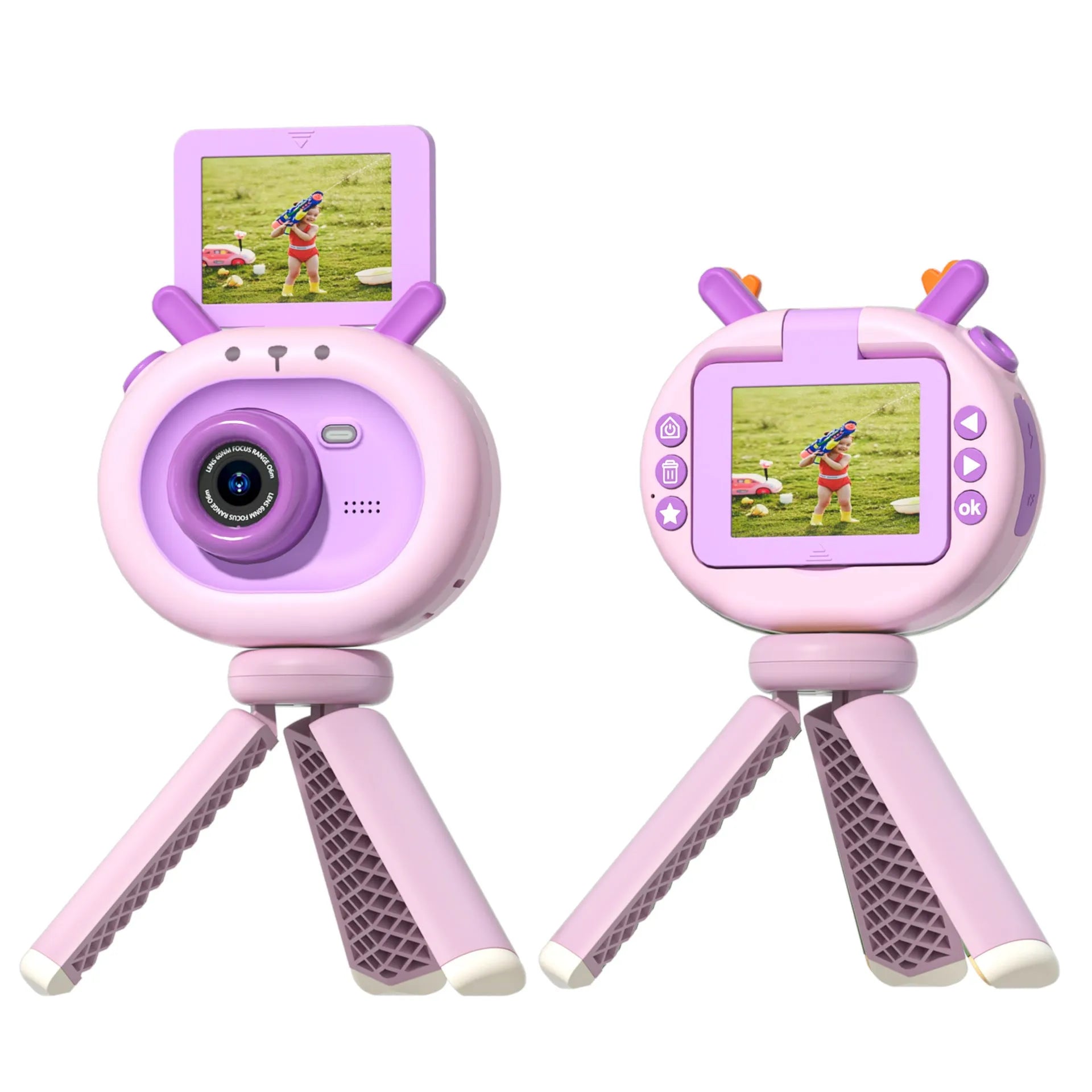 Purple children's digital camera with flip screen and silicone lanyard