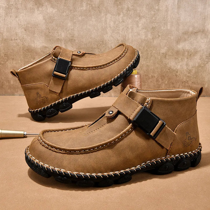 Handmade stitching casual slip on shoes in synthetic leather with flat bottom and low heel