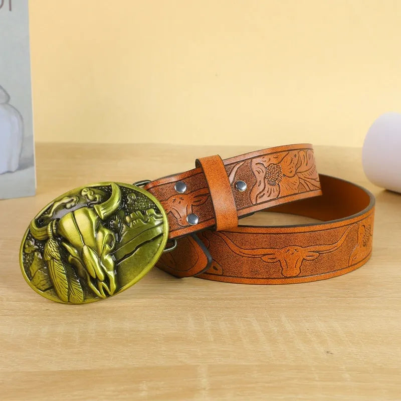 Men's brown belt with detailed cow head alloy buckle and imitation leather strap showing pin buckle closure