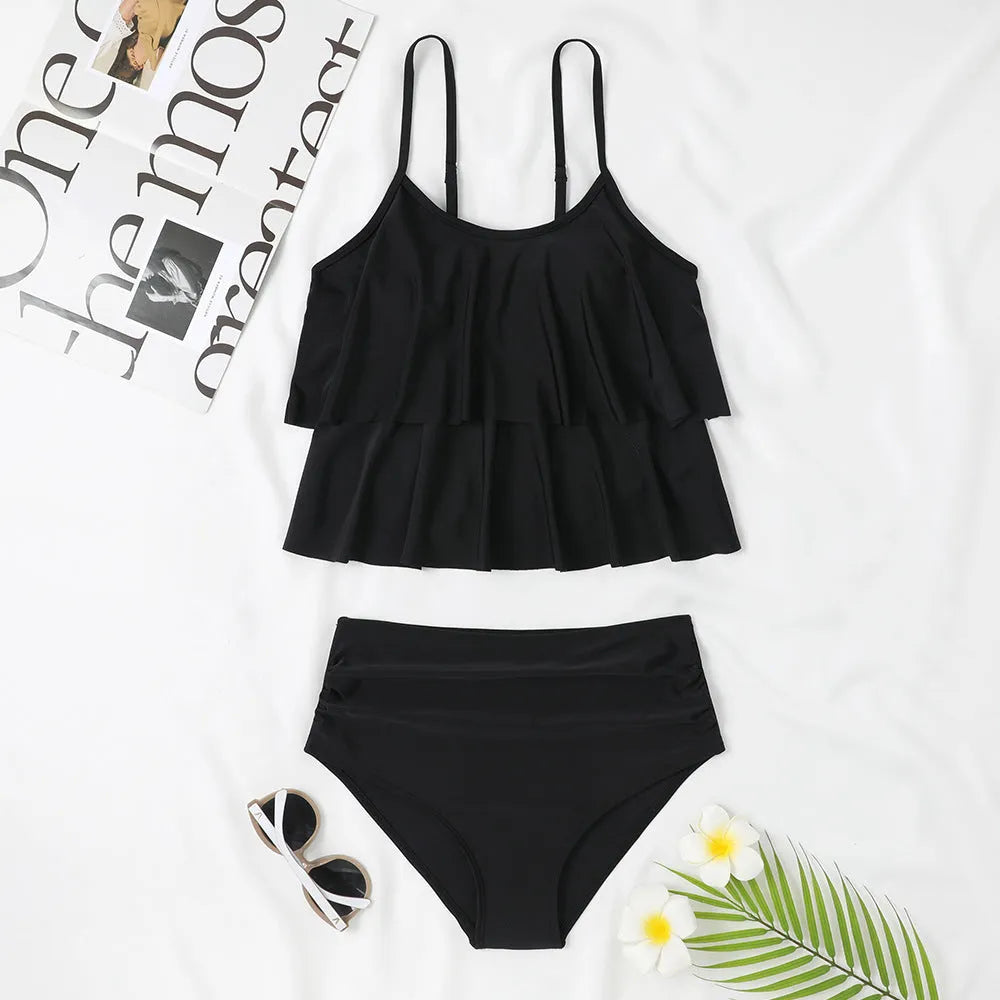 Women's high waist swimsuit bikini set in black and coconut tree print pattern.