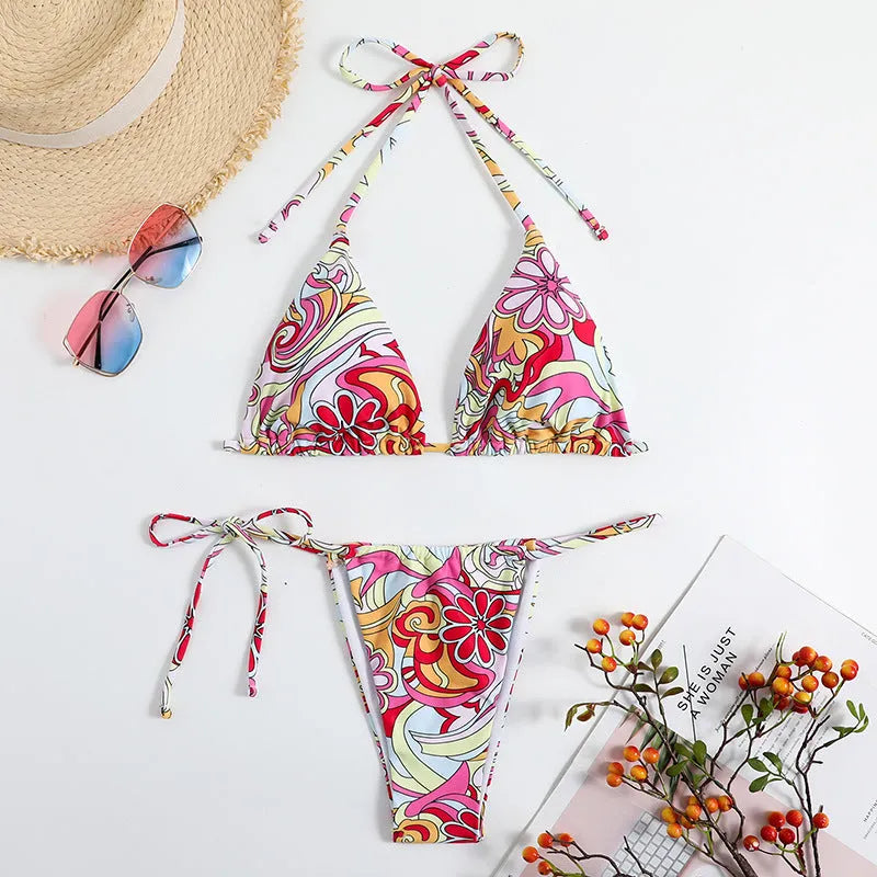 Women's triangle print halter neck bikini set with separate bandeau top in multicolour geometric design