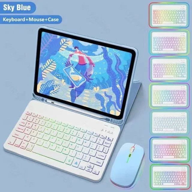 iPad protective case with luminous RGB Bluetooth keyboard and mouse in black leather sheath style