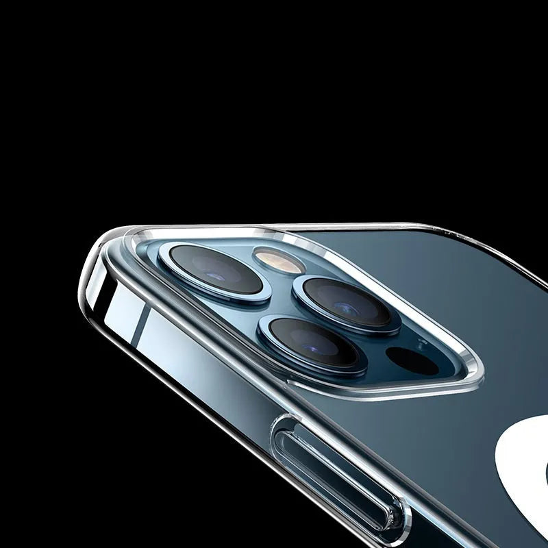 Transparent magnetic phone case for iPhone with visible MagSafe magnet ring on clear back cover.