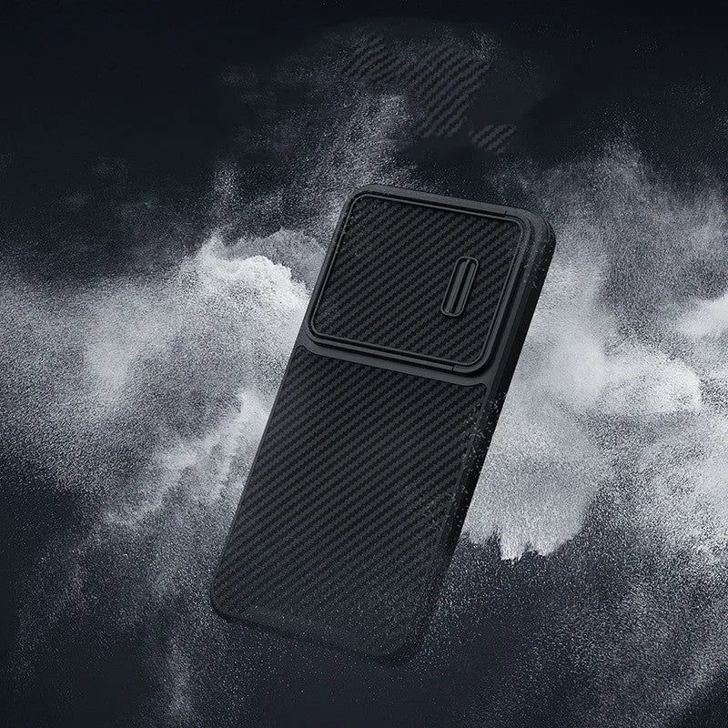 Black Samsung S23 phone case with a flip-up cover protecting the camera lenses.