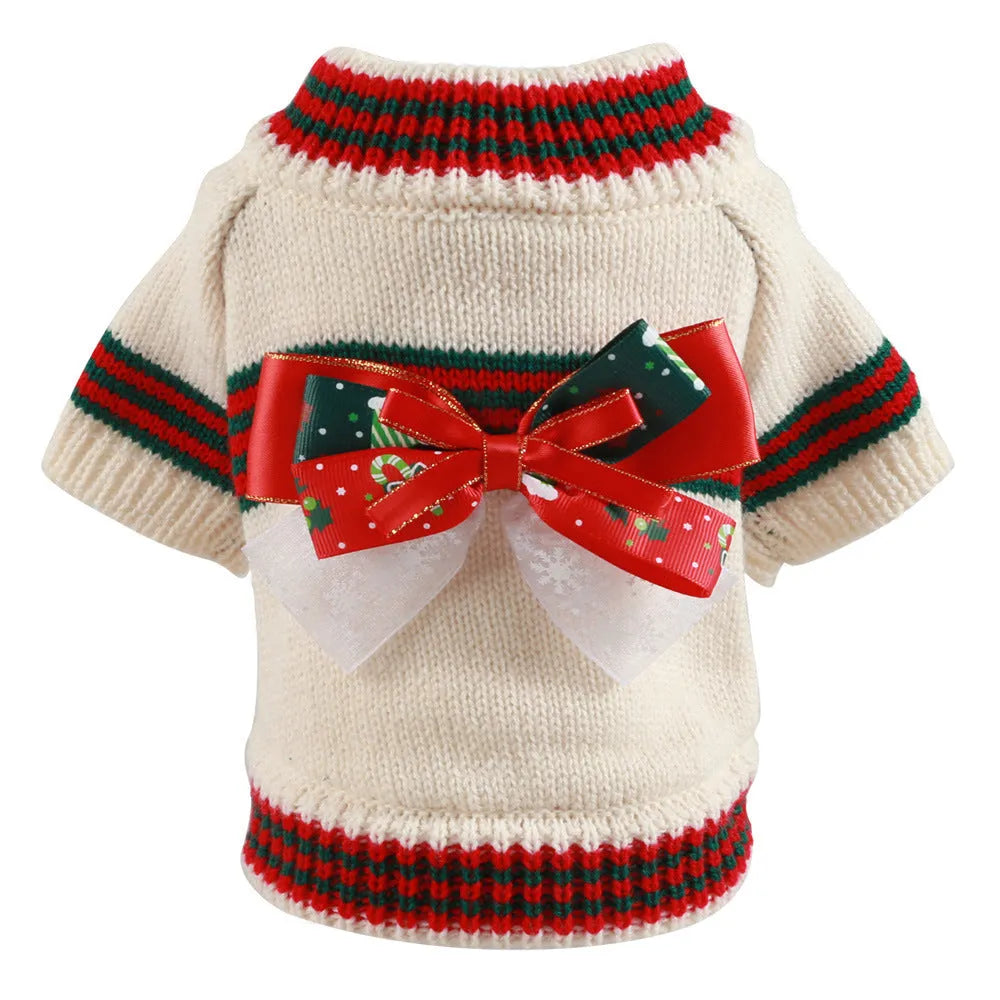 Red and green dog Christmas jumpers on a size chart showing XS, S, M, L, XL for pet weights 1kg to 9kg