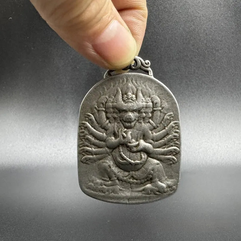 Iron pendant with Chinese geometric style and Aryaacalanatha Yamantaka design for wall hanging.