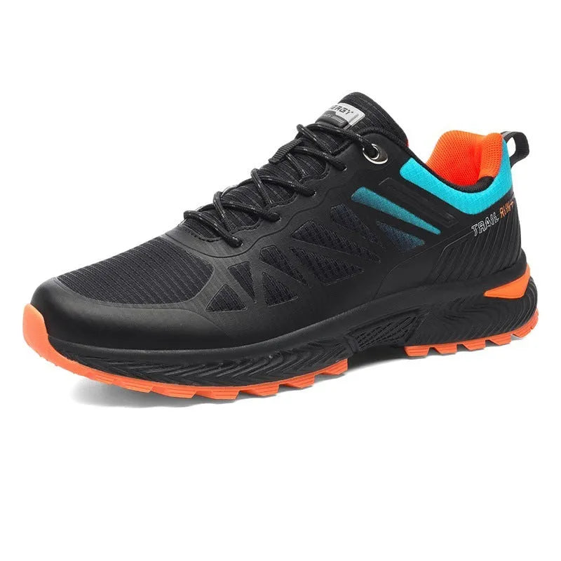 Men's black breathable mesh outdoor running shoe with round toe and flat heel on a white background.
