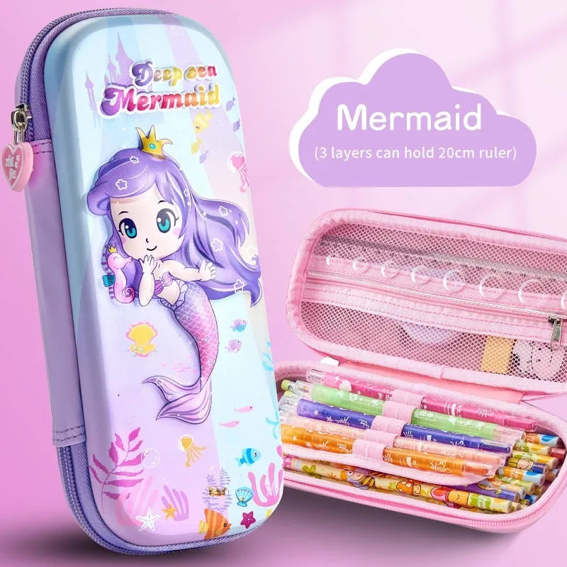 3D leather pencil case in a box shape showing one of the available design options such as a spaceship or unicorn