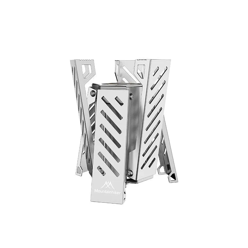 Hexagon-shaped foldable alcohol camping stove in black or silver, measuring 9.5x8.5x15cm